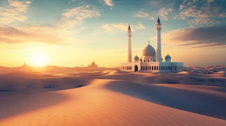 A stunning mosque rises gracefully in the desert, framed by golden sand dunes and a vibrant sunset sky, embodying tranquility and architectural beauty in a magical landscape.の素材