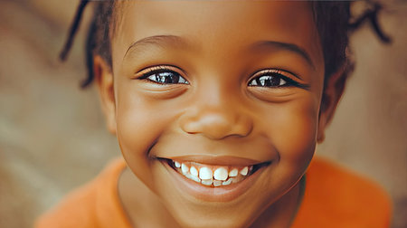 A close-up portrait of a joyful young child with a radiant smile and bright eyes, capturing the essence of happiness and innocence in a beautifully soft background.の素材