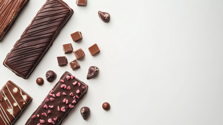 A visually appealing assortment of chocolate bars and candies arranged artistically on a light background, ideal for promoting desserts and sweet treats in photography.の素材