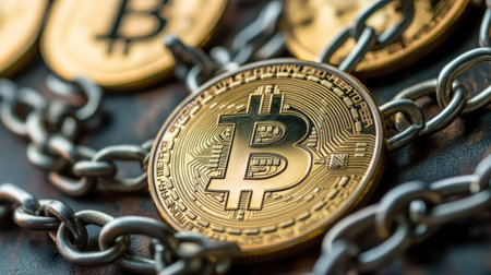 Detailed image showcasing Bitcoin coins connected by a heavy chain, representing the concepts of security, investment, and the future of digital finance.の素材