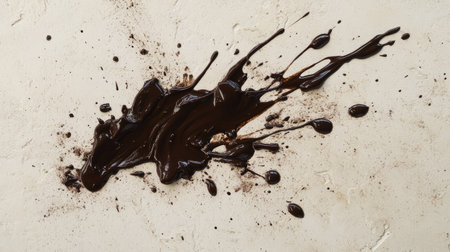 This image captures a dramatic splash of dark chocolate sauce against a creamy background, perfect for highlighting culinary creativity and delicious dessert presentations.の素材