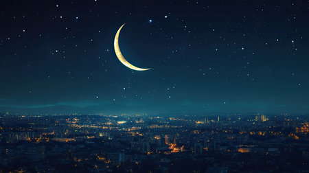 A beautiful view of a crescent moon hanging over a vibrant cityscape, illuminated by distant stars and city lights, creating a serene atmosphere perfect for evening contemplation.の素材