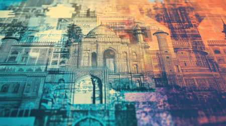 Vibrant abstract artwork featuring a mix of traditional Indian architecture and modern design elements, perfect for backgrounds and artistic projects.の素材