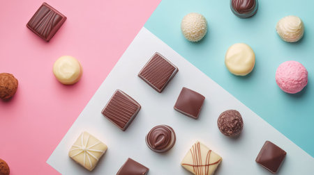 A delightful assortment of assorted chocolates in various shapes and textures displayed on a soft pink and blue background, perfect for dessert lovers seeking visual pleasure and gourmet experiences.の素材
