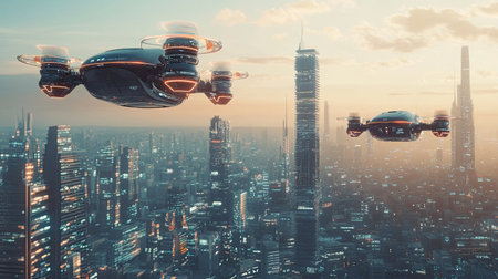 A stunning futuristic cityscape featuring advanced drones flying above skyscrapers at sunset, illustrating the evolution of technology and urban environments in a vibrant city setting.の素材