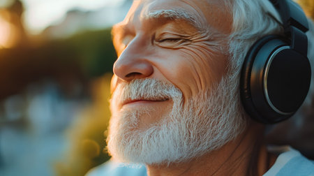 A joyful senior man wearing headphones enjoys music outdoors during a vibrant sunset, embodying relaxation and peace while appreciating the beauty of nature.の素材