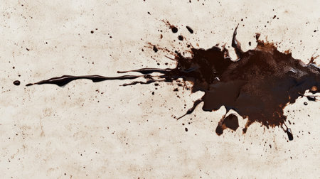 Captivating close-up of a bold coffee stain on a soft light surface, showcasing dynamic splashes and rich tones, perfect for creative projects, backgrounds, and artistic designs.の素材