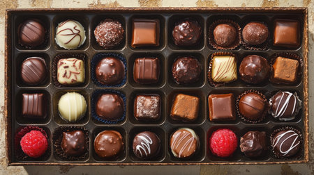 An enticing assortment of assorted chocolates featuring milk and dark varieties, thoughtfully arranged in an elegant box, perfect for any special occasion or gift.の素材