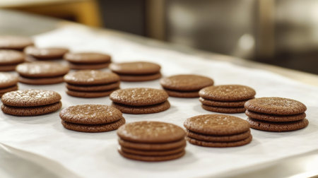 A beautiful display of assorted chocolate cookies arranged on parchment paper, highlighting their glossy surface and tempting appearance in a warm bakery setting.の素材