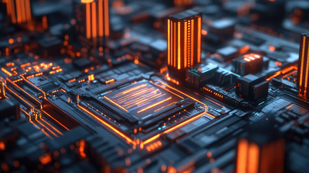 Stunning futuristic cityscape showcasing vibrant illuminated circuitry, representing technological advancement and the aesthetic of modern digital environments.の素材