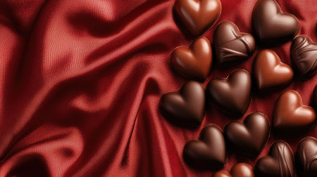 A stunning arrangement of heart-shaped chocolates scattered on rich red satin fabric, perfect for romantic occasions and special celebrations.の素材