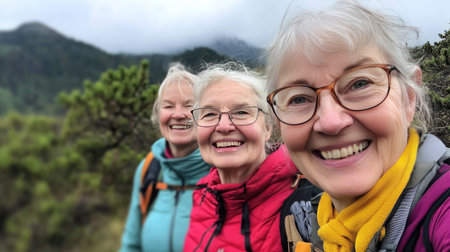 Three joyful older women share a smile as they enjoy their hiking adventure in nature, surrounded by stunning mountains and lush greenery, celebrating friendship and joy.の素材