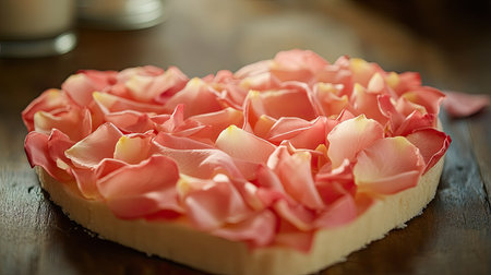 A beautifully crafted heart-shaped cake topped with soft pink rose petals, resting on a rustic wooden table, ideal for romantic celebrations and intimate gatherings.の素材