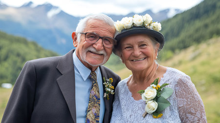 An adorable elderly couple showcases their love and joy in a picturesque mountain setting, surrounded by nature's beauty, celebrating their special bond.の素材