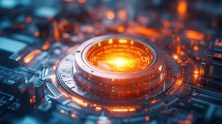 Explore a captivating digital background showcasing intricate circuits with vibrant orange lighting, perfect for technology themes, innovative concepts, and modern design projects.の素材