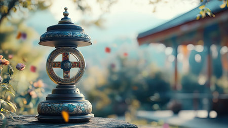 A beautifully crafted decorative artifact sits atop a stone in a lush garden, complemented by a blurred background, evoking tranquility and artistic elegance in a serene outdoor setting.の素材