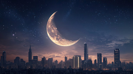 A stunning view of a crescent moon over a modern skyline at dusk, creating a peaceful ambiance. The starry sky contrasts beautifully with the illuminated cityscape below.の素材