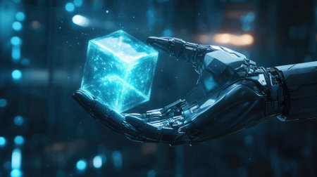 A robotic hand gracefully holds a luminous holographic cube, showcasing the intersection of advanced technology and artificial intelligence in a mesmerizing digital landscape.の素材