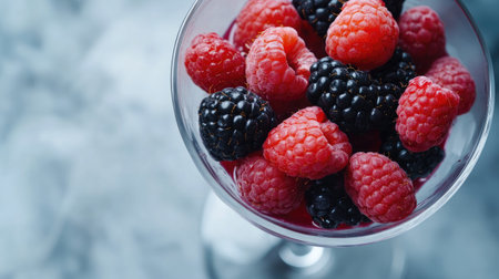 A close-up view of fresh raspberries and blackberries in a stylish glass, showcasing their vibrant colors and textures, perfect for dessert or healthy snacks.の素材