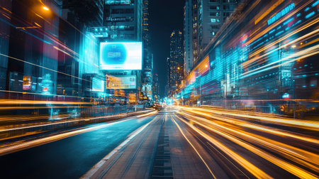A captivating nighttime cityscape featuring dynamic light trails created by moving vehicles, showcasing vibrant neon lights and towering skyscrapers. Perfect for urban themes.の素材