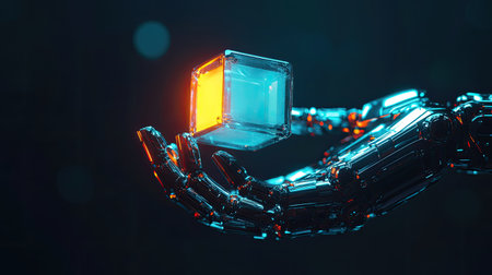 A close-up view of a robotic hand delicately holding a glowing cube, showcasing vibrant blue and orange lights against a dark abstract backdrop, highlighting innovation and technology.の素材