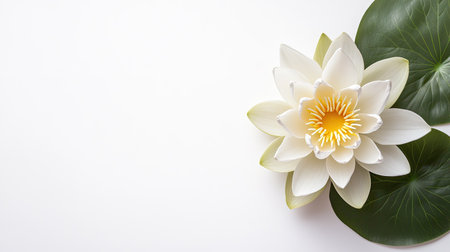 A beautiful white lotus flower accompanied by lush green leaves, symbolizing purity and peace, ideal for various art and design projects or relaxation-themed content.の素材
