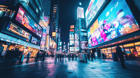 Experience the lively atmosphere of a modern city at night, filled with vibrant neon lights and bustling crowds, showcasing the dynamic energy of urban life.の素材