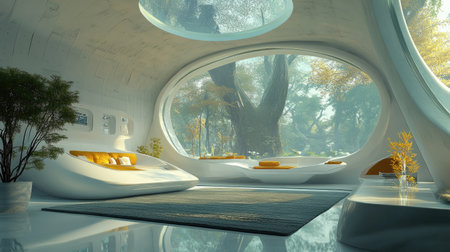 Discover a stunning modern living room featuring a large window that invites nature indoors, blending comfort and innovation in a serene, stylish space.の素材