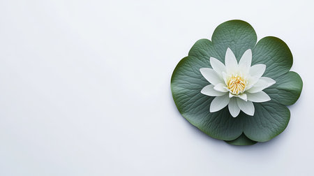 A stunning white water lily gracefully opens on a smooth green leaf against a minimalist white background, perfect for serene nature themes or elegant floral designs.の素材