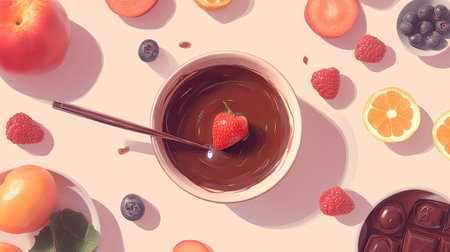 A delightful scene showcasing a bowl of chocolate fondue with a fresh strawberry, surrounded by various fruits that evoke a sense of joy and indulgence.の素材