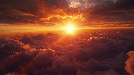 This stunning image captures a vibrant sunrise over fluffy clouds, bathed in warm sunlight. Experience the tranquil beauty and awe of nature's daily spectacle.の素材