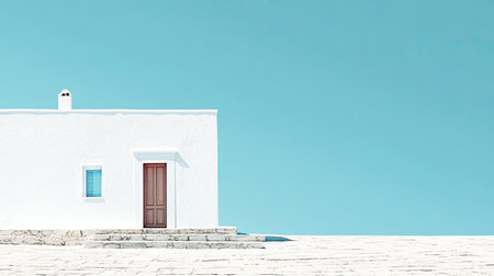 A serene white house stands against a vibrant blue sky, showcasing minimalist architecture and a peaceful coastal atmosphere, perfect for relaxation and inspiration.の素材