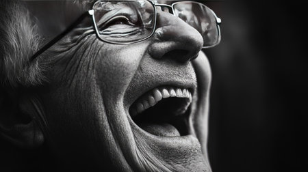 A captivating black and white portrait of an elderly man smiling joyfully, showcasing pure happiness. His glasses reflect warmth and a cheerful spirit, creating an intimate moment of laughter.の素材