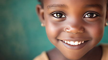 A radiant young girl smiles brightly, showcasing her sparkling eyes and joyful expression against a soft green background, encapsulating innocence and happiness.の素材