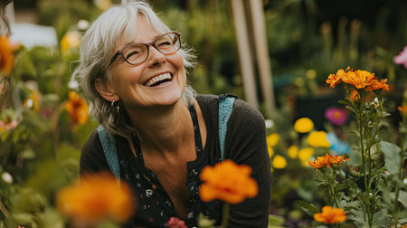 A smiling woman enjoys her time in a colorful garden full of blooming flowers, reflecting a deep connection with nature and embodying happiness and fulfillment outdoors.の素材