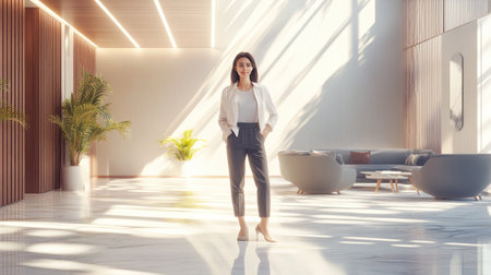 A confident professional woman stands in a beautifully designed office lobby, illuminated by natural light, showcasing a stylish and modern work environment ideal for inspiration.の素材
