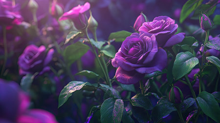 Lush purple roses bloom in a serene garden, bathed in soft light, creating an enchanting atmosphere. Perfect for adding beauty and tranquility to your creative projects.の素材