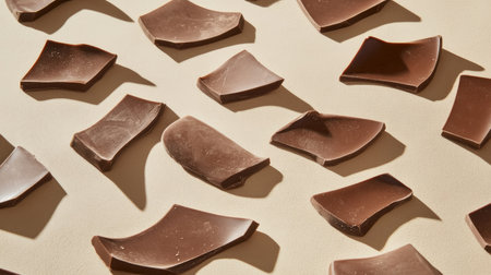 An artistic arrangement of shattered dark chocolate pieces on a beige surface, showcasing the textures and visual appeal of chocolate fragments in a minimalist setup.の素材