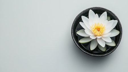 A stunning white water lily floats gracefully in a dark bowl, surrounded by lush green leaves, exuding tranquility and elegance against a soft blue backdrop. Perfect for nature themes.の素材