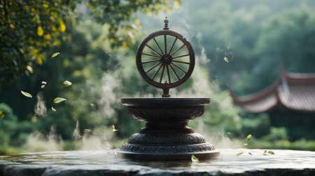 A captivating water fountain featuring a spinning wheel, enveloped by lush greenery and gentle mist, creating a serene and peaceful garden atmosphere.の素材