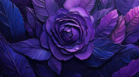 Stunning artistic portrayal of a purple flower with lush leaves, showcasing vibrant colors and intricate details, ideal for backgrounds or creative applications.の素材