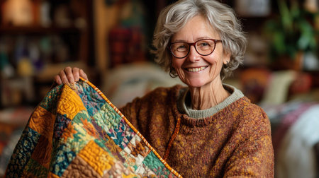 An elderly woman beams with joy as she showcases her colorful handmade quilt, surrounded by a warm and inviting home filled with personal touch and creativity.の素材