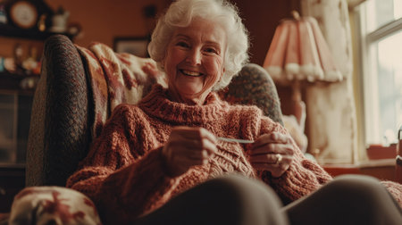 An elderly woman enjoys knitting in her cozy armchair, exuding joy and comfort. Sunlight illuminates her cheerful expression, capturing a moment of relaxation and creativity.の素材