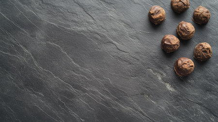 A beautiful display of homemade chocolate truffles on a dark slate background, showcasing a gourmet dessert perfect for celebrations or intimate gatherings.の素材