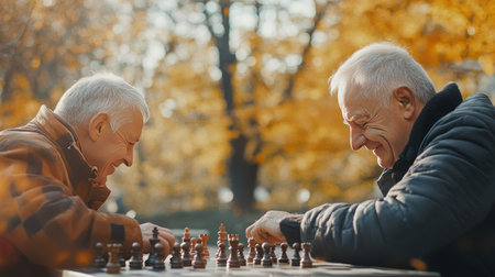 Two elderly men engage in a lighthearted chess match in an autumn park, surrounded by golden leaves, showcasing the beauty of friendship and outdoor leisure.の素材