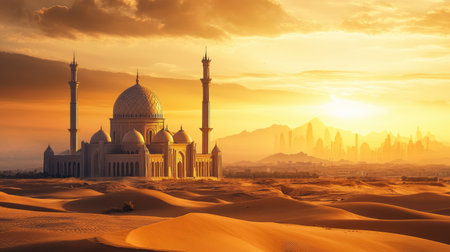 Stunning view of a mosque silhouette at sunset in a desert, surrounded by sandy dunes and a distant skyline, showcasing nature's beauty and architectural elegance.の素材
