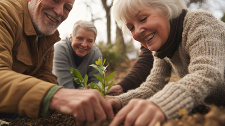A group of happy seniors enjoys planting seedlings in a community garden, showcasing their dedication to nature and social interaction in a vibrant outdoor environment.の素材