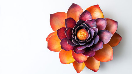 This vibrant flower features rich orange and purple petals with a central yellow bloom, set against a soft white background, perfect for artistic and design projects.の素材