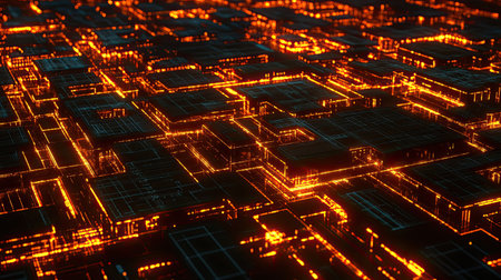 Explore a vivid abstract landscape featuring glowing orange lines and intricate geometric patterns, symbolizing the interplay of technology and digital innovation in a cybernetic world.の素材