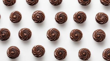 This stunning aerial view showcases beautifully crafted chocolate cupcakes topped with rich chocolate frosting, perfect for celebrations and events.の素材